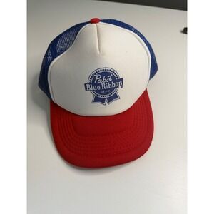 Pabst Blue Ribbon PBR Beer Trucker Hat Snapback Mesh Cap Red White Blue Vintage